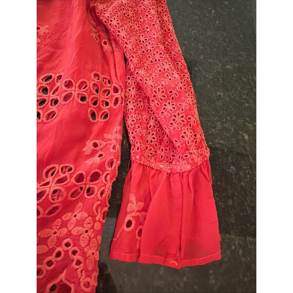 Johnny Was Red Blouse Eyelet Embroidered Elastic Sleeve Ruffled S Off Shoulder - Picture 6 of 10